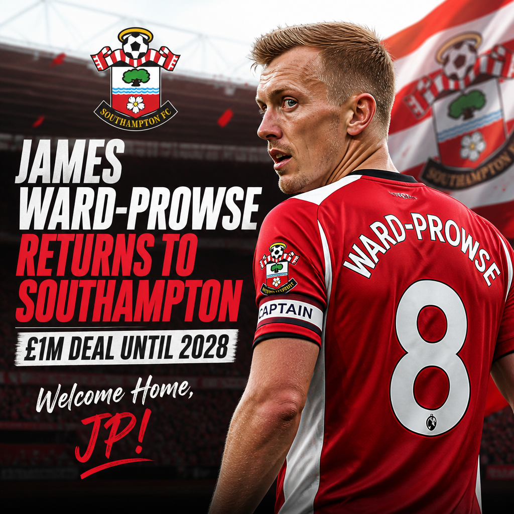 James Ward-Prowse in Southampton FC kit celebrating a goal on the pitch.