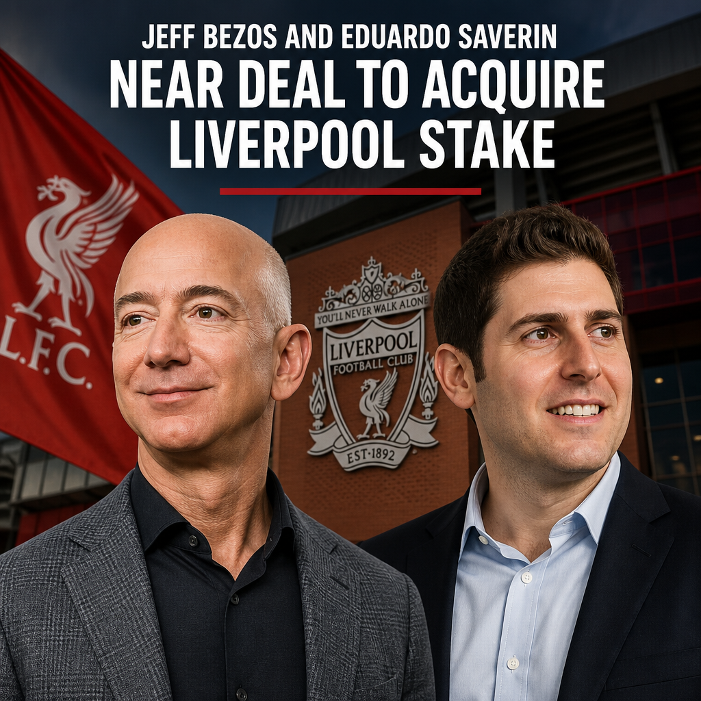 Jeff Bezos and Eduardo Saverin shaking hands in a business meeting, discussing a Liverpool FC stake acquisition.