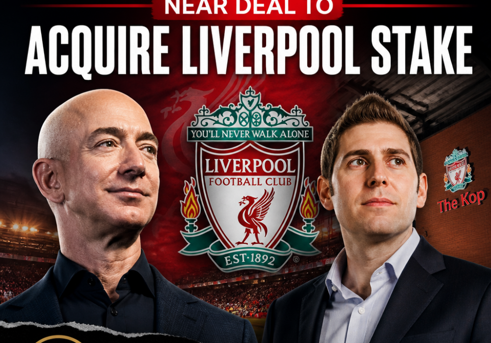 Jeff Bezos and Eduardo Saverin smiling and shaking hands, discussing Liverpool Football Club acquisition deal.