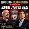 Jeff Bezos and Eduardo Saverin smiling and shaking hands, discussing Liverpool Football Club acquisition deal.