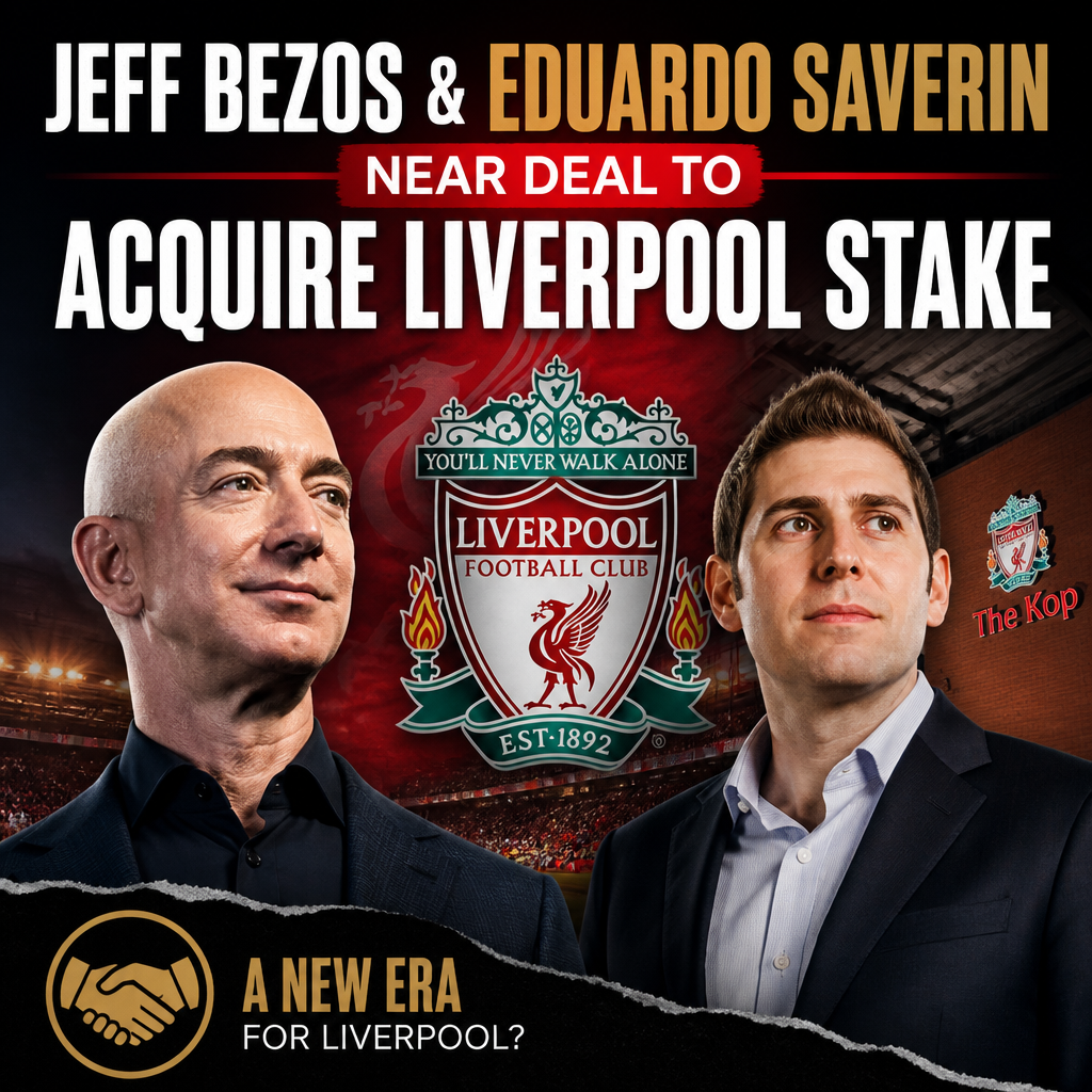 Jeff Bezos and Eduardo Saverin smiling and shaking hands, discussing Liverpool Football Club acquisition deal.