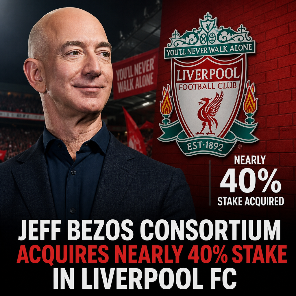Jeff Bezos consortium members celebrating as Liverpool FC logo appears on screen behind them.
