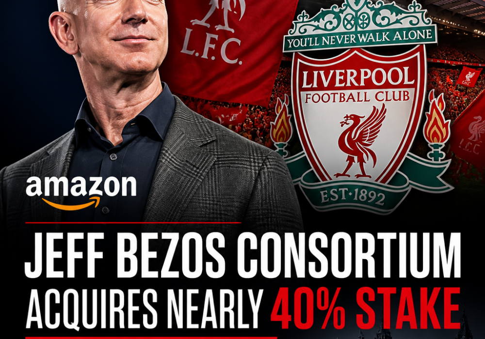 Jeff Bezos and partners celebrating as they acquire a nearly 40% stake in Liverpool FC.