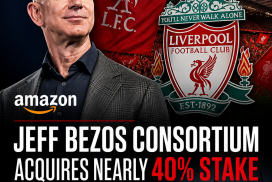 Jeff Bezos and partners celebrating as they acquire a nearly 40% stake in Liverpool FC.