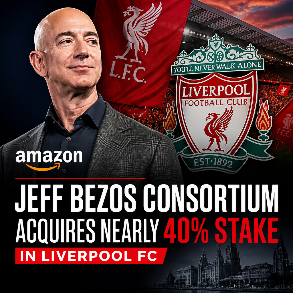 Jeff Bezos and partners celebrating as they acquire a nearly 40% stake in Liverpool FC.