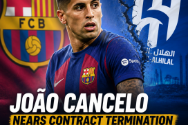 João Cancelo in Al-Hilal jersey on the field, hinting at contract termination and return to Barcelona.