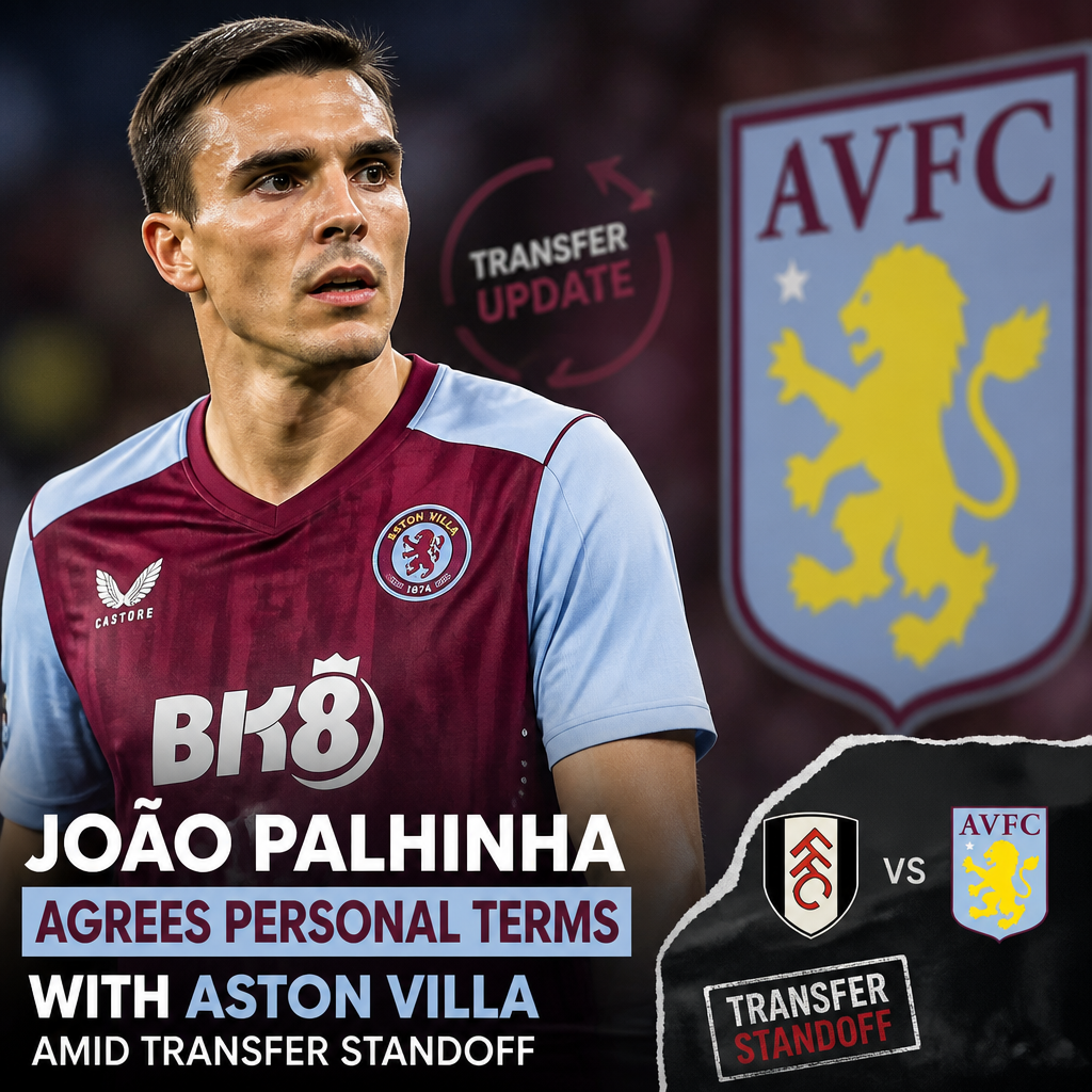 João Palhinha in Aston Villa jersey celebrating a goal with fans in the background.