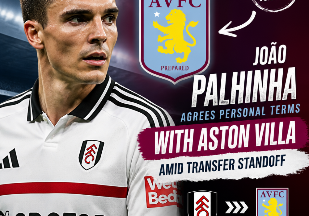 João Palhinha shaking hands with Aston Villa officials, smiling and holding a club jersey.