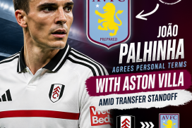 João Palhinha shaking hands with Aston Villa officials, smiling and holding a club jersey.