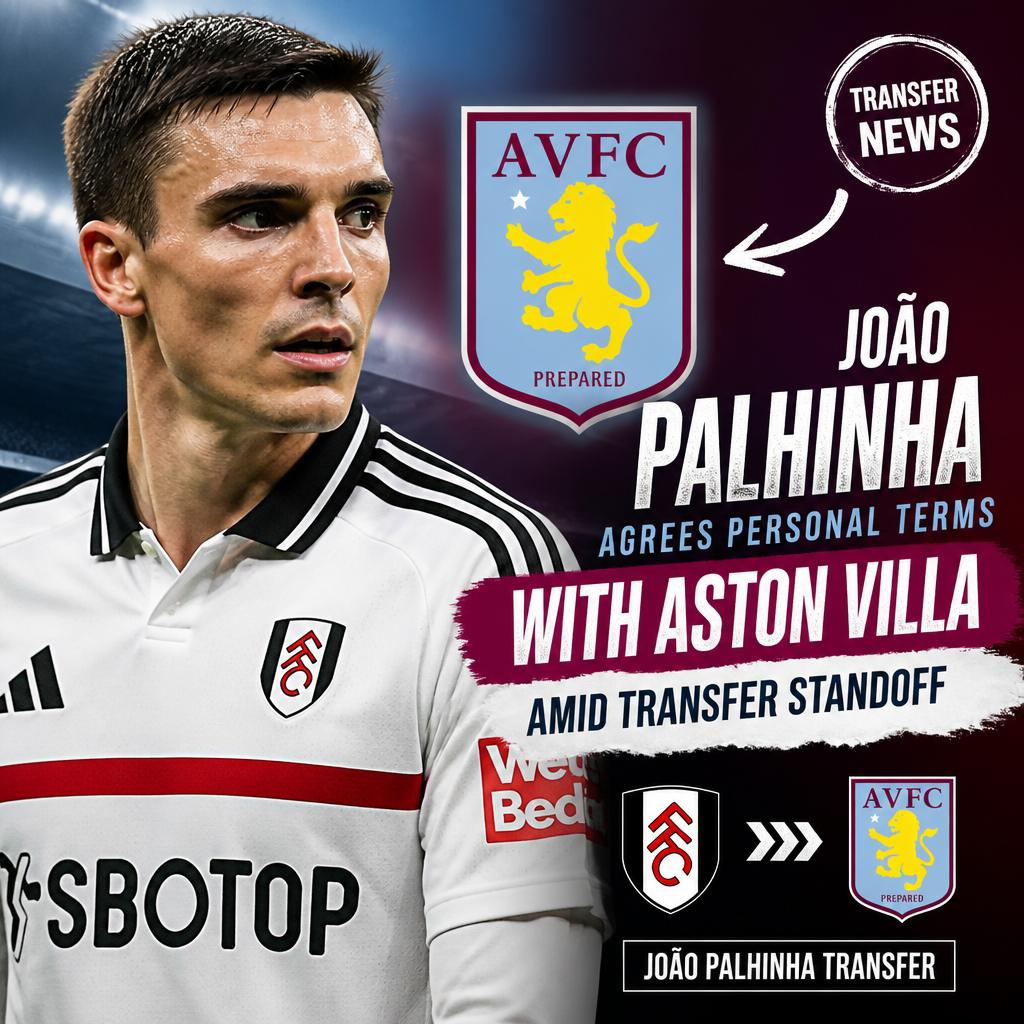 João Palhinha shaking hands with Aston Villa officials, smiling and holding a club jersey.
