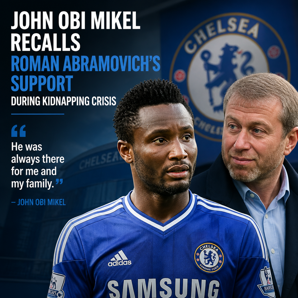John Obi Mikel speaks about Roman Abramovich's support amid a kidnapping crisis with Chelsea FC logo in background.
