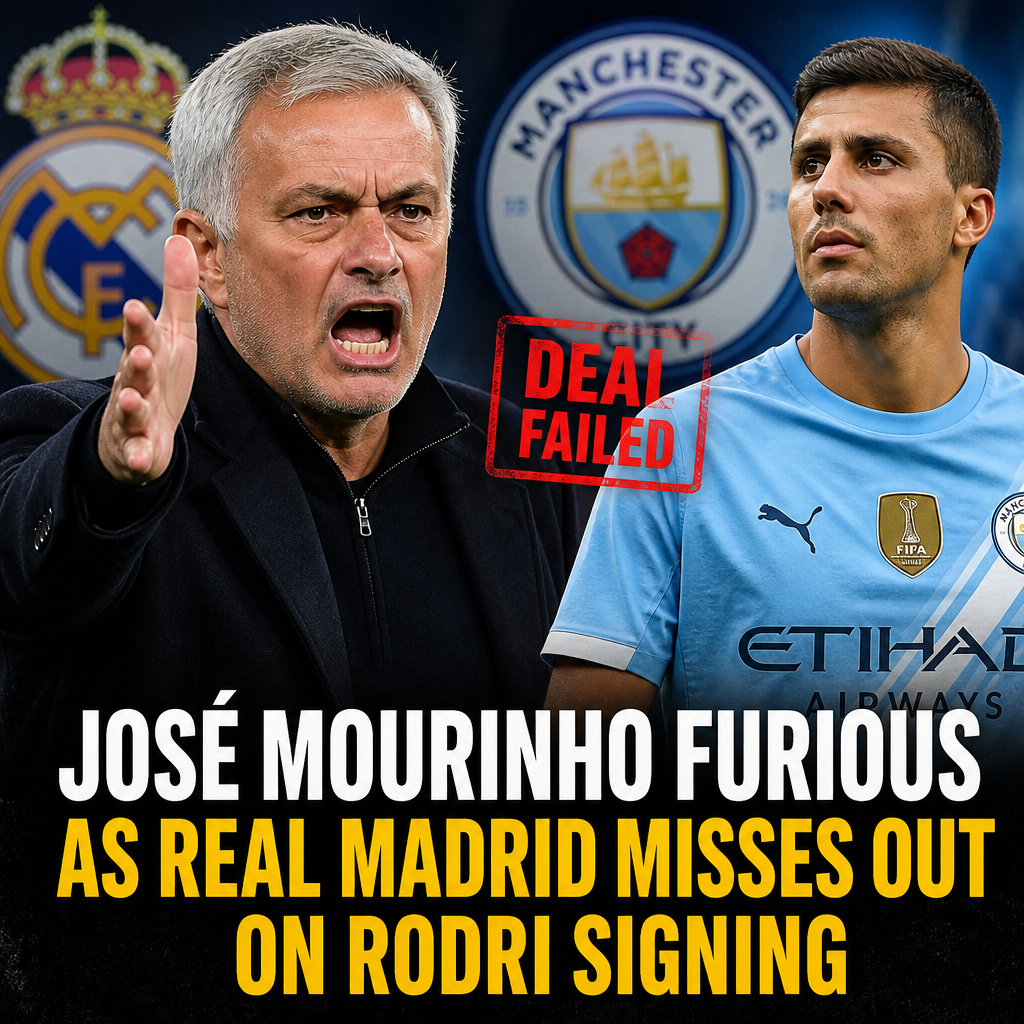 José Mourinho angrily gesturing on the sidelines during a Real Madrid match.