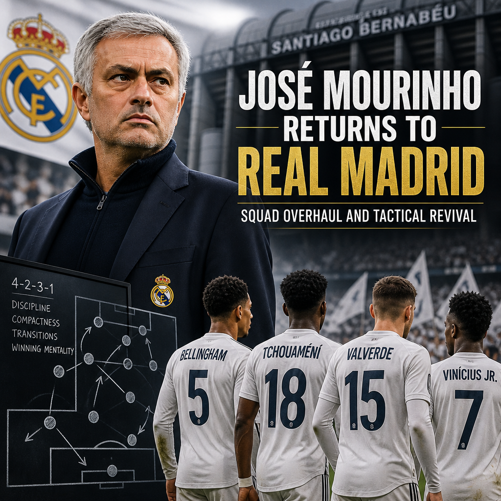 José Mourinho standing on the sidelines during a Real Madrid match, wearing a suit and tie.