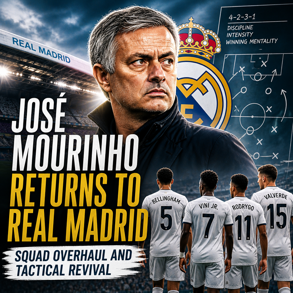 José Mourinho standing on the sideline in a Real Madrid jacket during a match.