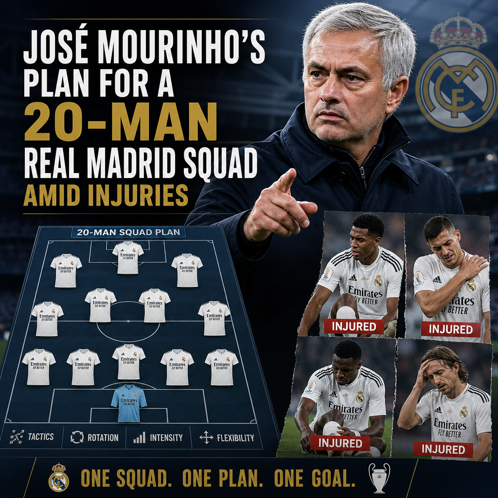Diagram showing José Mourinho’s tactical plan for Real Madrid’s 20-man squad with injured players marked.