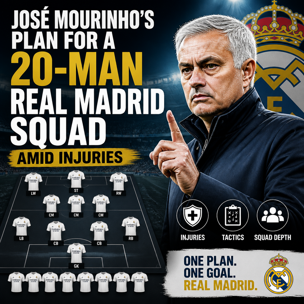 Diagram showing José Mourinho's tactical plan and 20-man squad for Real Madrid during injury challenges.