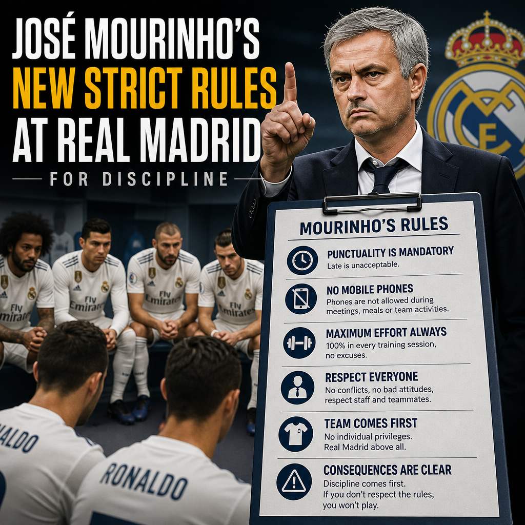 José Mourinho writing strict discipline rules for Real Madrid players on a blackboard.
