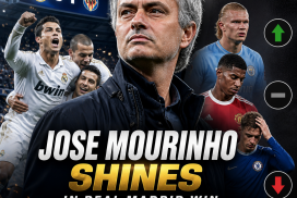 Jose Mourinho celebrating passionately on the sidelines during a Real Madrid match victory.
