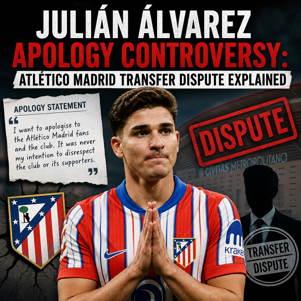 Julián Álvarez gestures apologetically during a press conference amid Atlético Madrid transfer controversy.