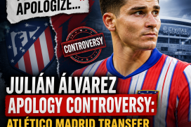 Julián Álvarez speaking at a press conference with Atlético Madrid and River Plate logos behind him.