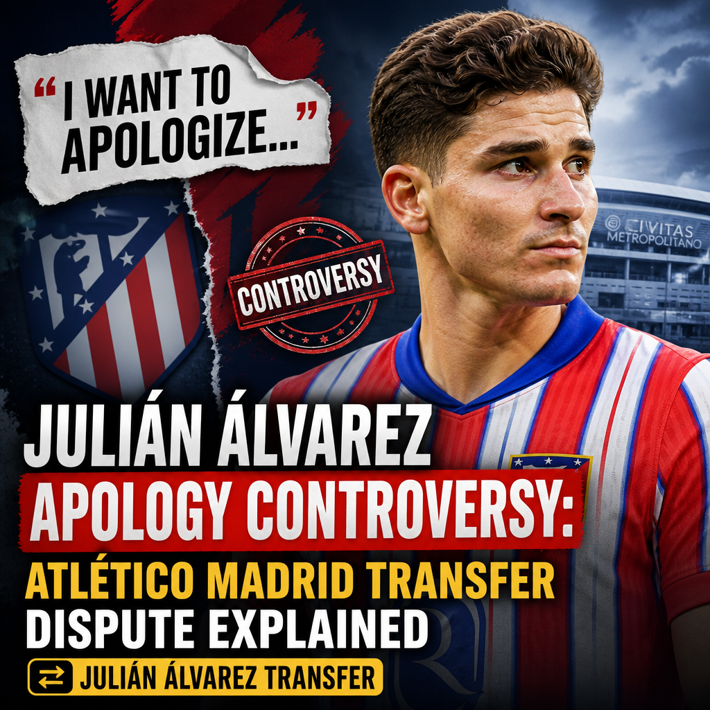 Julián Álvarez speaking at a press conference with Atlético Madrid and River Plate logos behind him.