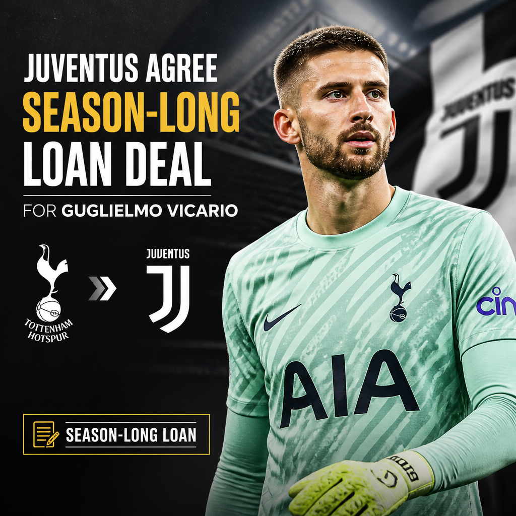 Guglielmo Vicario in Juventus kit ready to play, representing his season-long loan from Tottenham Hotspur.