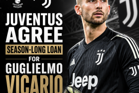 Guglielmo Vicario in Juventus kit, celebrating after signing a season-long loan from Tottenham Hotspur.