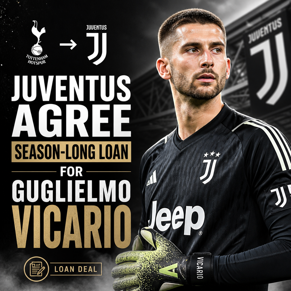 Guglielmo Vicario in Juventus kit, celebrating after signing a season-long loan from Tottenham Hotspur.