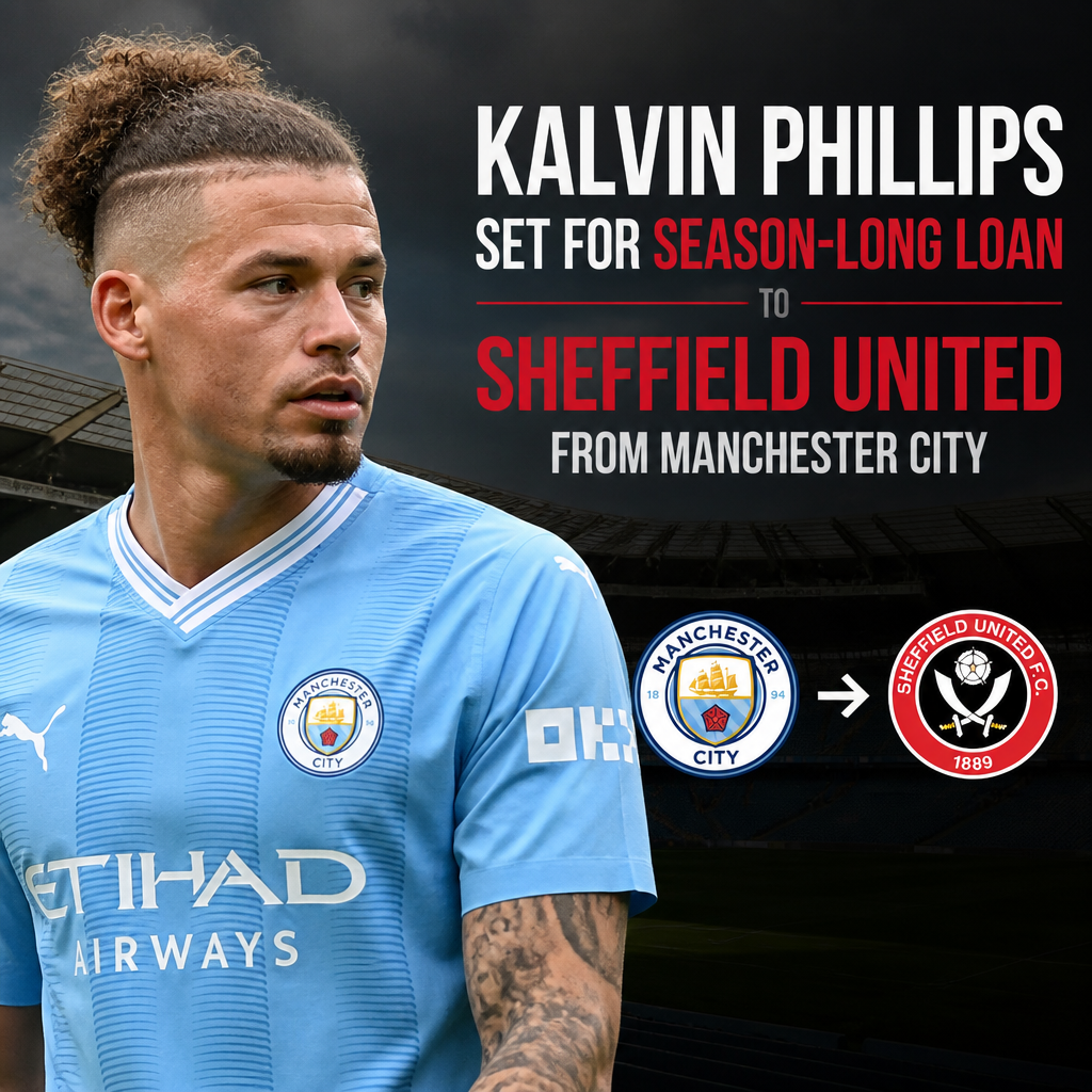 Kalvin Phillips in Manchester City kit, looking focused on the field during a match.