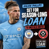Kalvin Phillips wearing Manchester City kit during a match, set for loan transfer to Sheffield United.