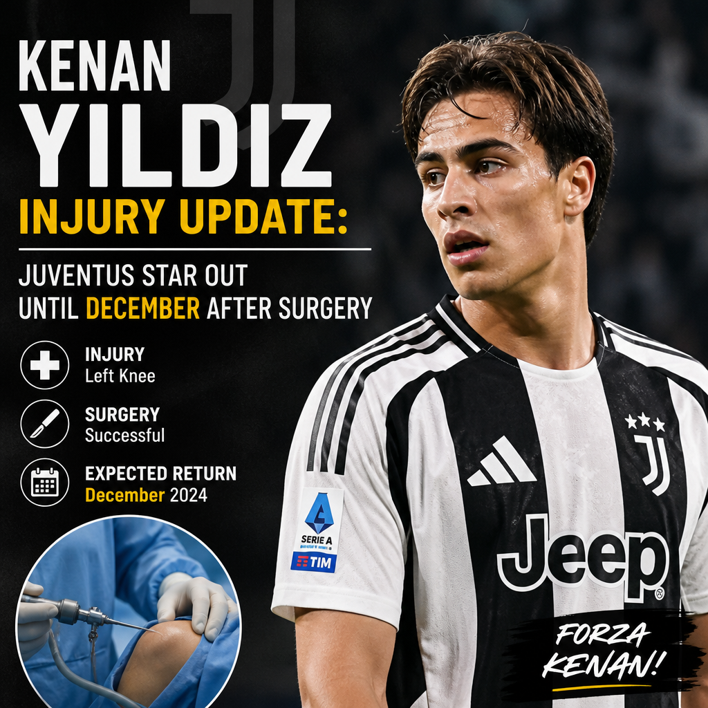 Juventus player Kenan Yildiz recovering from left knee surgery, out until December 2024.