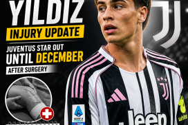Photo of Kenan Yildiz in Juventus jersey, sidelined with injury after surgery, out until December.