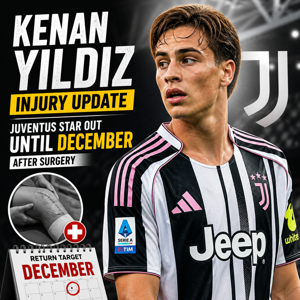 Photo of Kenan Yildiz in Juventus jersey, sidelined with injury after surgery, out until December.