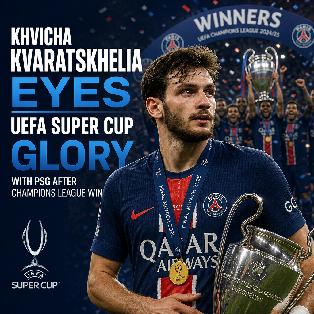 Khvicha Kvaratskhelia celebrates with PSG teammates after winning the UEFA Champions League trophy.