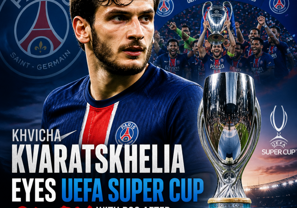 Khvicha Kvaratskhelia focused on the UEFA Super Cup, wearing PSG kit on the pitch.