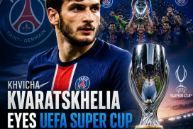 Khvicha Kvaratskhelia focused on the UEFA Super Cup, wearing PSG kit on the pitch.