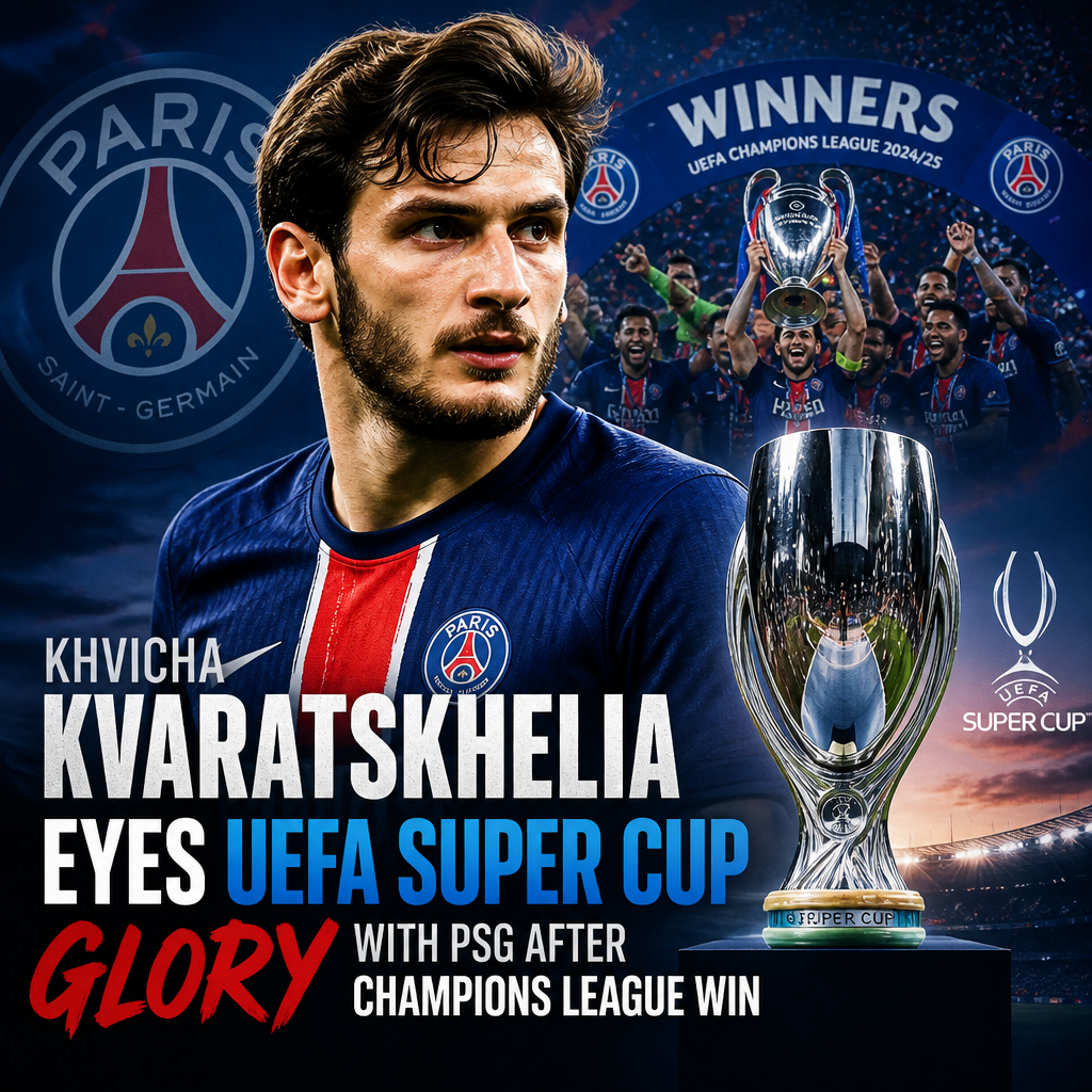 Khvicha Kvaratskhelia focused on the UEFA Super Cup, wearing PSG kit on the pitch.