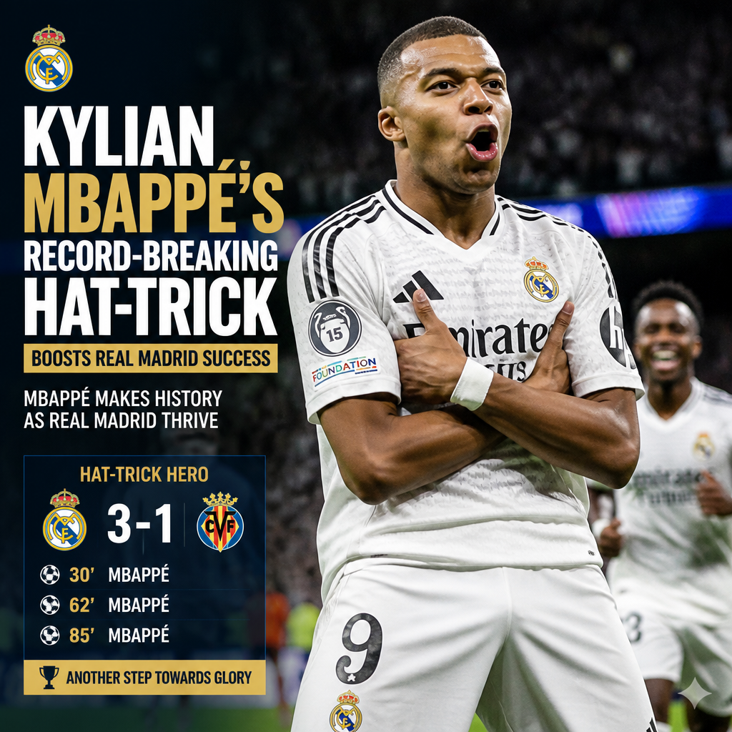 Kylian Mbappé celebrates after scoring a record-breaking hat-trick in Real Madrid's 3-1 win over Villarreal.