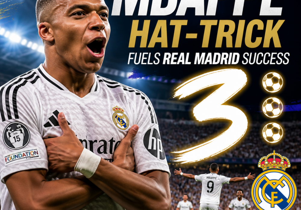Kylian Mbappé celebrating a hat-trick goal in a match, wearing his Real Madrid kit.