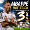 Kylian Mbappé celebrating a hat-trick goal in a match, wearing his Real Madrid kit.