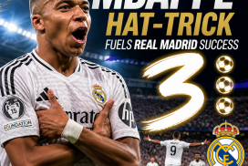 Kylian Mbappé celebrating a hat-trick goal in a match, wearing his Real Madrid kit.