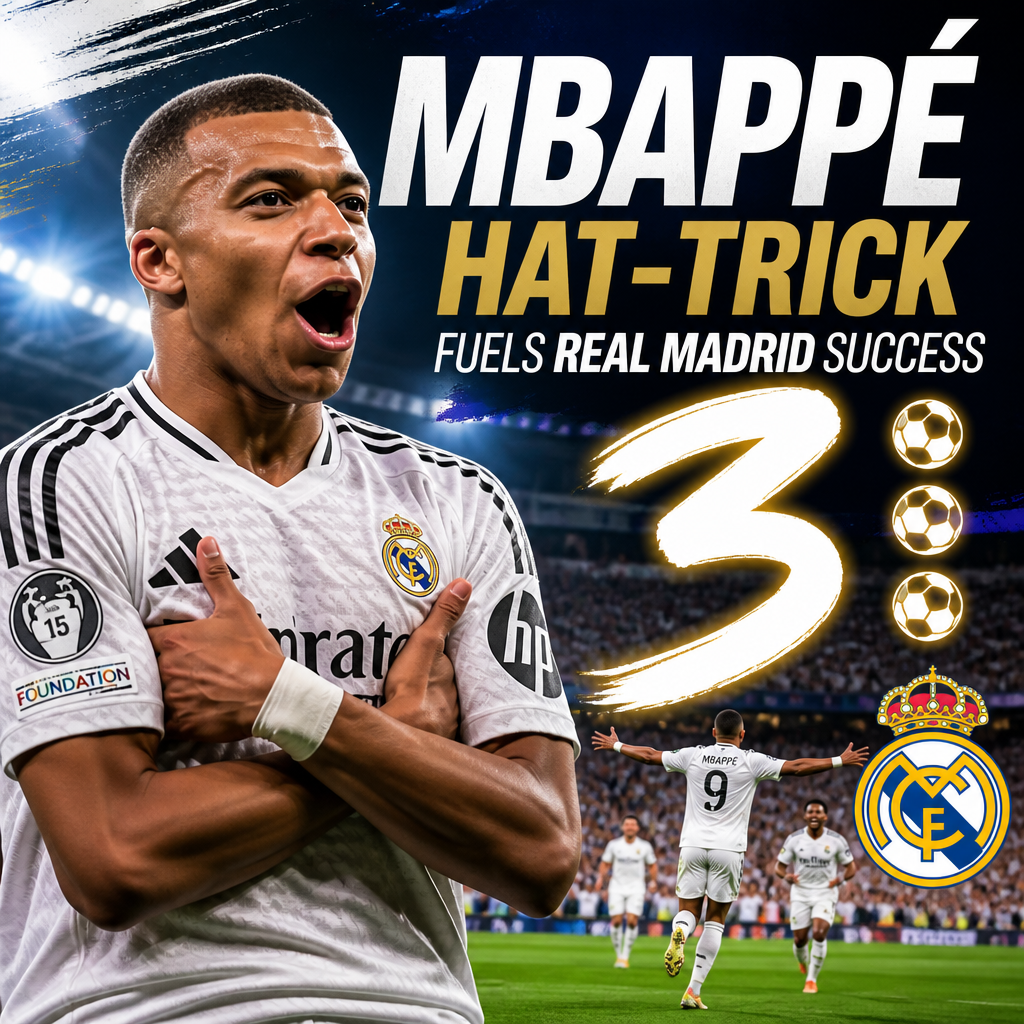 Kylian Mbappé celebrating a hat-trick goal in a match, wearing his Real Madrid kit.