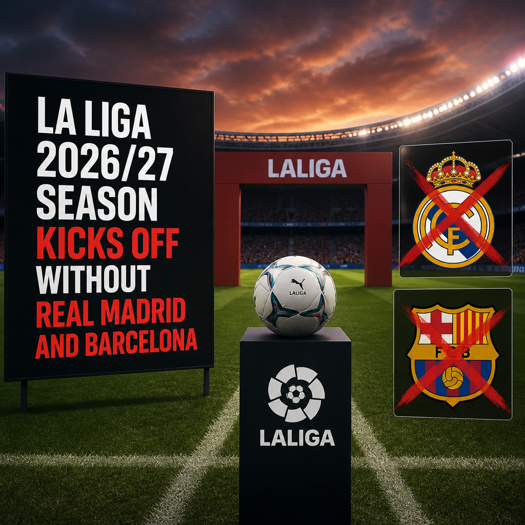Empty football stadium stands and a La Liga logo on the pitch, symbolizing the 2026/27 season kickoff without Real Madrid and