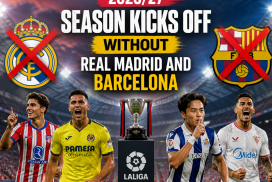 Empty football stadium with La Liga branding, highlighting the 2026/27 season start without Real Madrid and Barcelona.