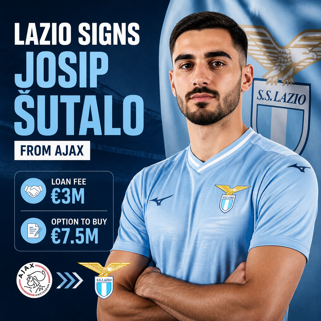 Josip Šutalo in a Lazio jersey celebrating his transfer from Ajax on loan with an option to buy.