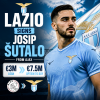 Josip Šutalo wearing a Lazio jersey, holding a Lazio scarf, smiling at a press event.