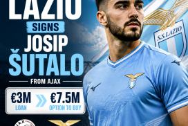Josip Šutalo wearing a Lazio jersey, holding a Lazio scarf, smiling at a press event.