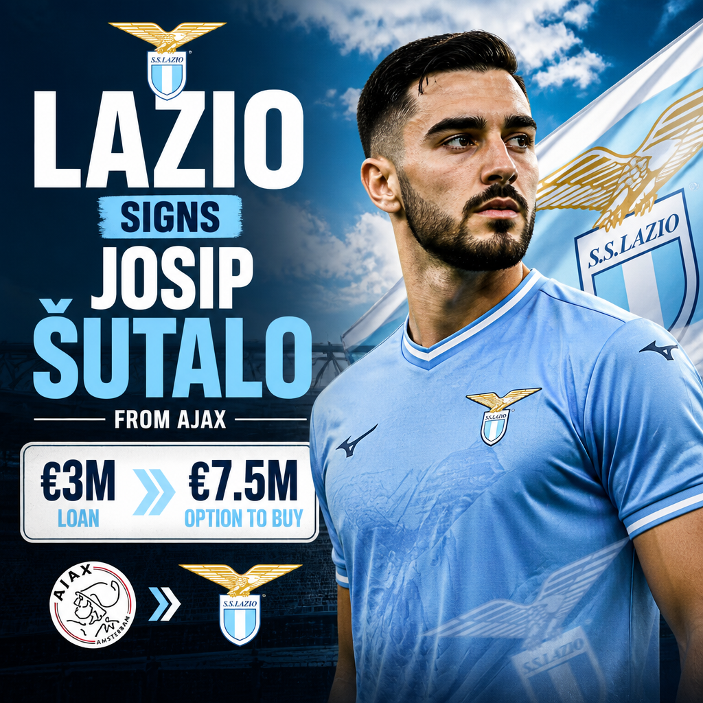 Josip Šutalo wearing a Lazio jersey, holding a Lazio scarf, smiling at a press event.