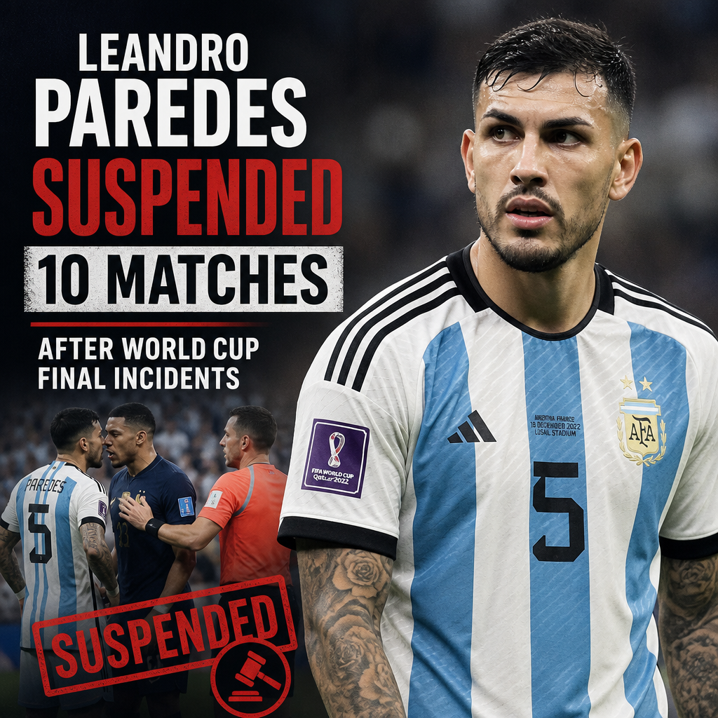 Leandro Paredes looks down, wearing a blue Argentina jersey during a soccer match.