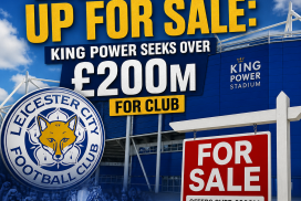 Leicester City Football Club stadium with King Power signage, symbolizing the club's sale valued over £200 million.